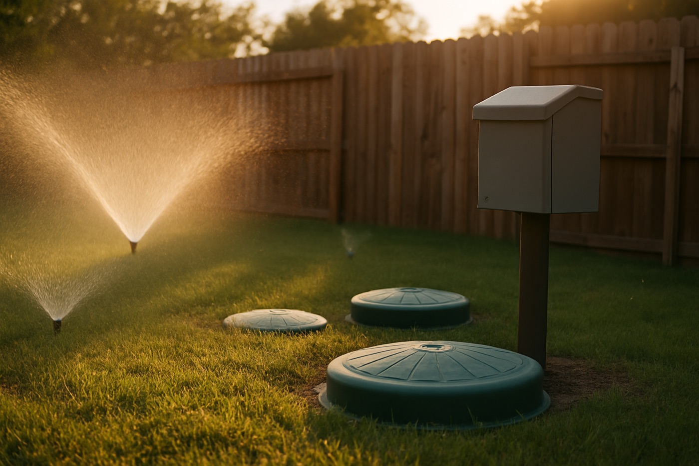 Residential aerobic septic system with spray heads in a Kyle, TX backyard
