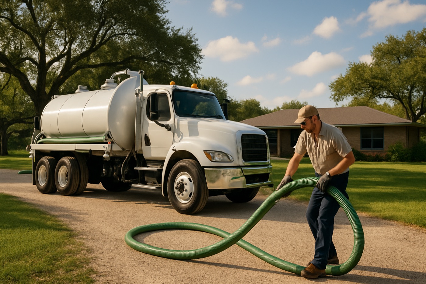 Septic pumping truck and technician at a home in Kyle, Texas