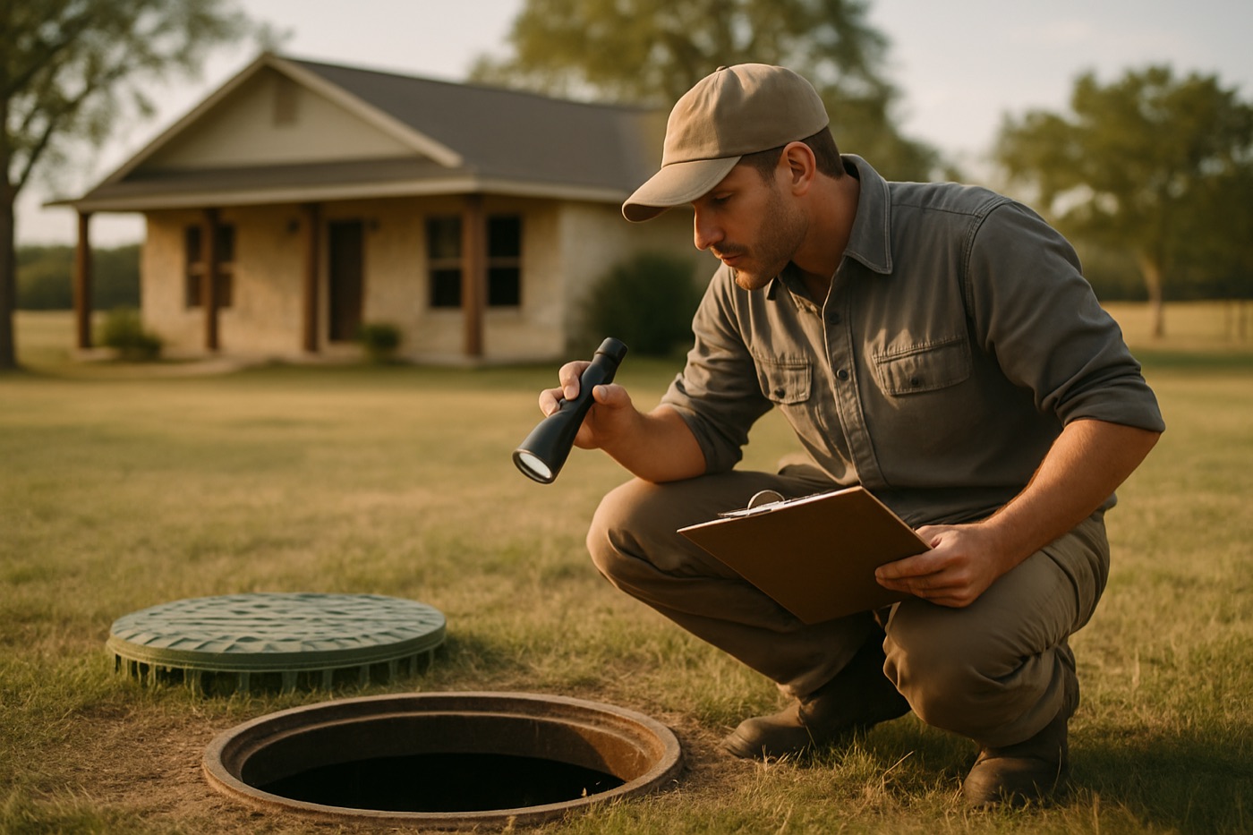 Septic inspector examining an open tank access port at a Hays County home