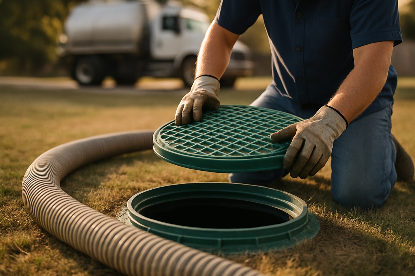 Technician opening a septic tank riser lid for pumping in Kyle, TX